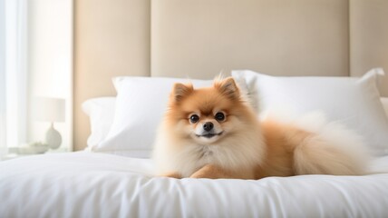 Cute sleepy pomeranian dog lying on bed picture