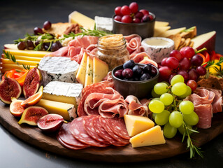 Appetizers board close up. Charcuterie board with assorted cheese, meat, sausages, grape, fruits, nuts and crackers or bread sticks. Charcuterie and cheese platter. Snack platter on dark background