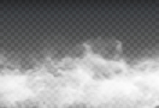 The image depicts various atmospheric phenomena such as fog, smoke, mist, and steam. The realistic 3D vector mockup shows a perspective view of white smog clouds.