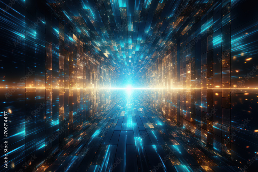 Poster abstract depiction of a digital tunnel with streams of data rushing through, representing the dynami