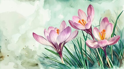 Pink Crocus, early bloomer, artistic watercolor illustration for easter greeting cards, spring flower background banner