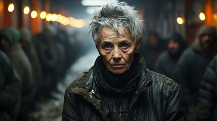 Fototapeta premium Elderly Woman in Soviet Dormitory's Dark Corridor