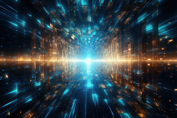 Abstract depiction of a digital tunnel with streams of data rushing through, representing the dynamic flow of information online. Concept of data highways. Generative Ai.