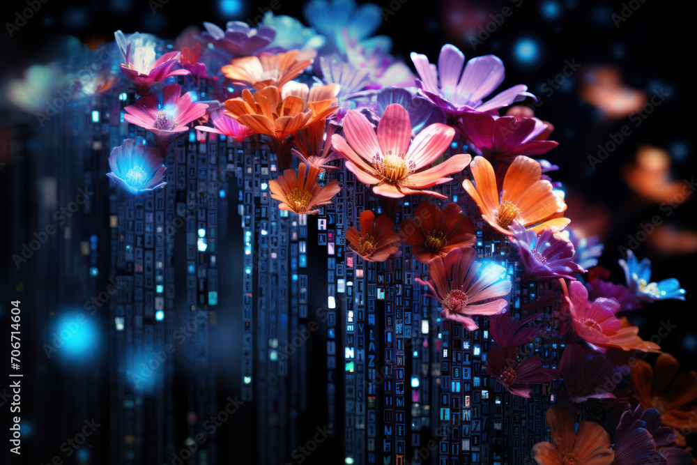 Aufkleber Abstract representation of binary code transforming into vibrant digital flowers, symbolizing the beauty and creativity found in digital spaces. Concept of digital creativity. Generative Ai.