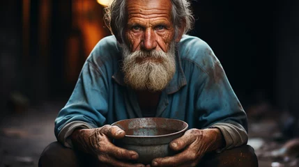 Foto op Canvas Forgotten Hunger: Elderly Homeless Man Begging with an Empty Plate © Daniel