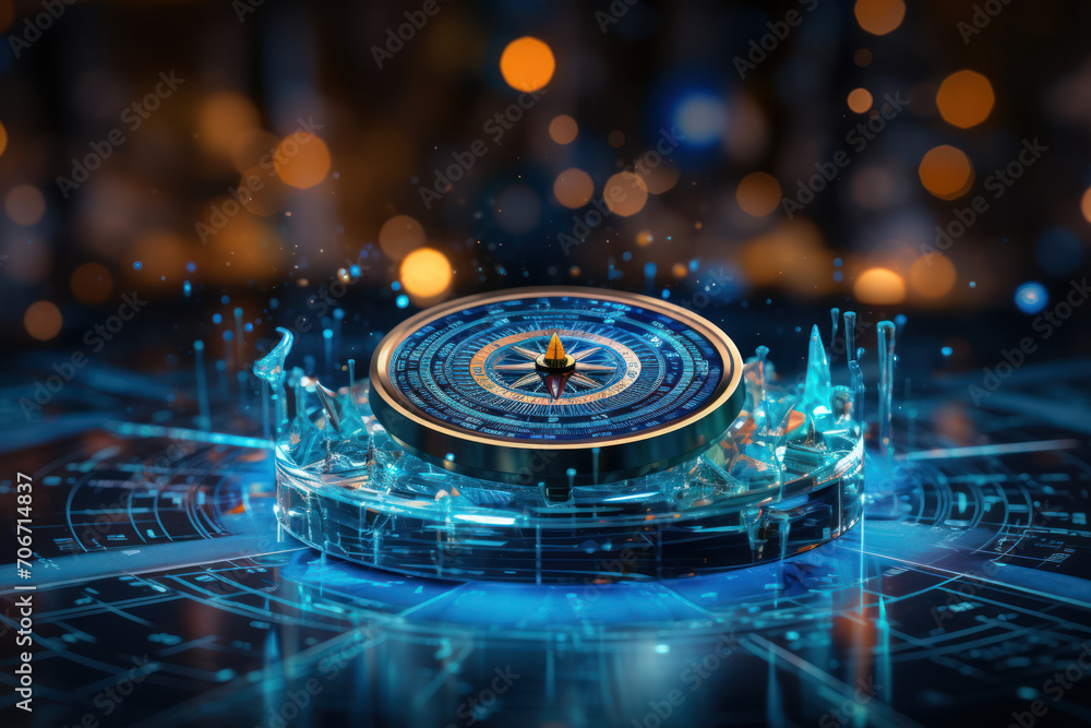 Poster a digital compass guiding through a sea of information, representing the role of navigation tools in