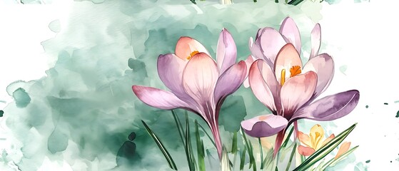 Pink Crocus, early bloomer, artistic watercolor illustration for easter greeting cards, spring...