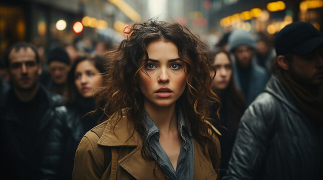 Portrait of sad woman in autumn clothes in crowd