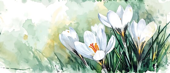 white Crocus, early bloomer, artistic watercolor illustration for easter greeting cards, spring...