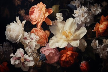 Flower Paintings on Dark Background, Multiple Flower Images Superimposed for Wallpaper