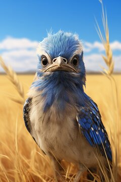 Blue Birds in Field, Sky Background, Avian Scene with Nature Elements, Outdoor Wildlife Concept