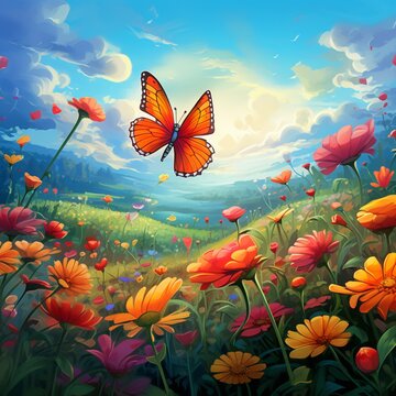 Beautiful flower field with cartoon butterfly holding image Ai generated art