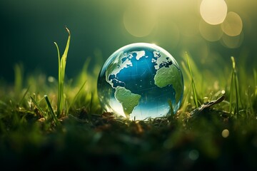 Obraz na płótnie Canvas Glass Globe on Grass, Miniature Earth Symbolizes Environmental Care and Conservation