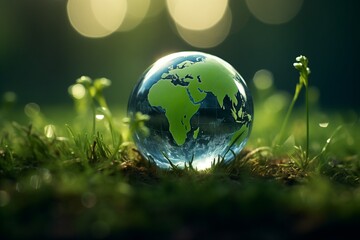 Obraz na płótnie Canvas Glass Globe on Grass, Miniature Earth Symbolizes Environmental Care and Conservation