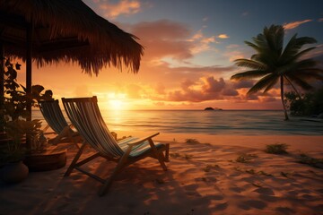 Beach Chairs, Umbrellas, Sunset Scene, Tropical Tourist Attraction, Coastal Relaxation with Spectacular View