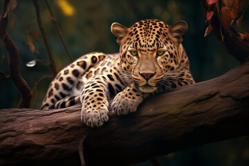 Leopard Rests on Tree Branch in Woods, Exhibiting a Tranquil Moment in Its Natural Habitat