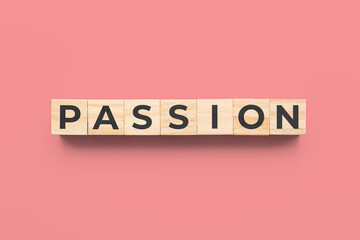 passion wooden cubes on red background
