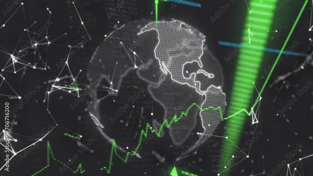 Poster animation of arrows with data processing over globe and network of connections on black background