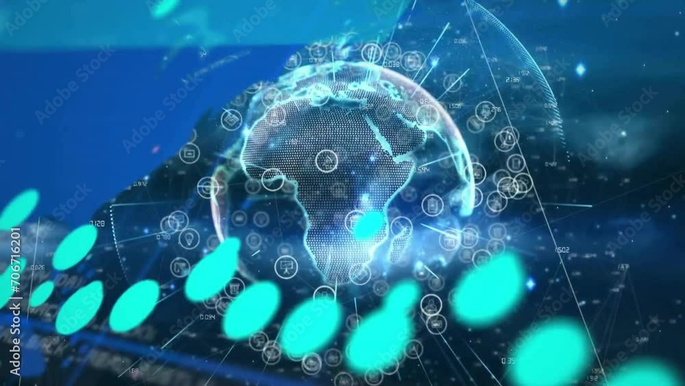 Poster Animation of globe with data processing and world map on black background