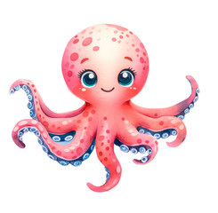 Marine cute octopus on a transparent background. Children's.illustration. Watercolor. Sea life