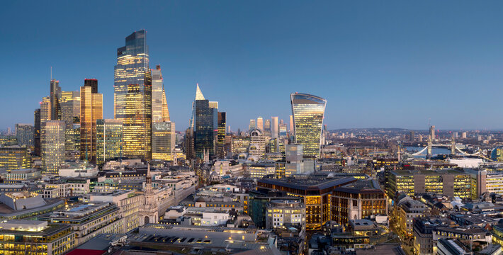 UK, England, London, City skyline 2024 from St Pauls dusk