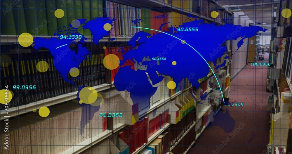 Poster animation of spots and data processing with world map over books on shelves in library