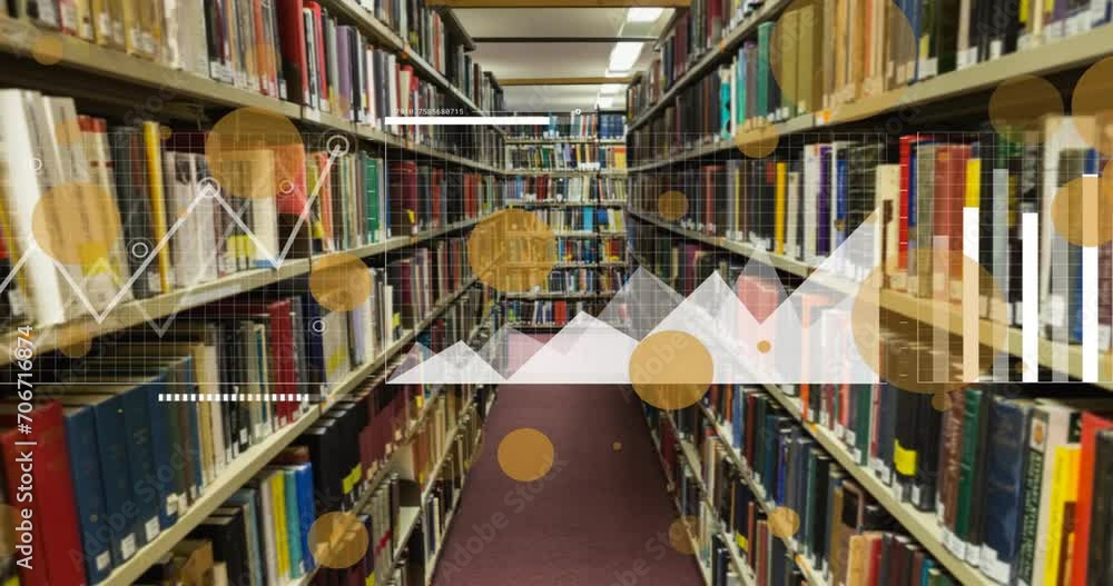 Poster animation of spots and data processing with world map over books on shelves in library