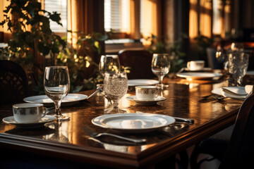 An elegantly set dining table in a hotel restaurant, complete with polished silverware and fine china. Concept of refined dining experience. Generative Ai.
