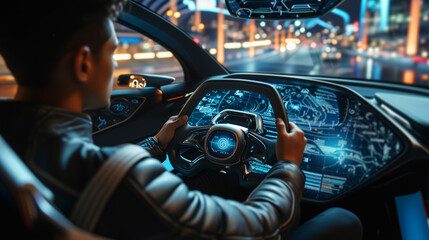 Futuristic car with extra touch screens, driven by a man in the city