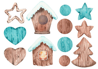 Set of hand made wood decoration. Watercolor painted illustration isolated on white background.
