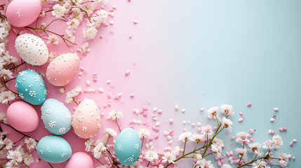 Obraz na płótnie Canvas Easter background, easter card or banner with colored eggs, flowers and easter decoration on light blue and pink faded background, blank space for text