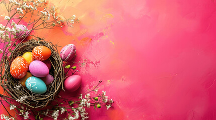 Fototapeta na wymiar Easter background, easter card or banner with colored eggs in a nest and easter decoration on magenta background, blank space for text