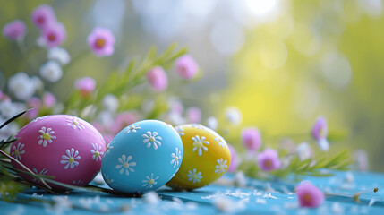 Fototapeta na wymiar Easter background, close up of colored and decorated easter eggs with flowers in a blurred green background