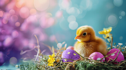 Easter background, close up baby chicken sitting in a nest with colored easter eggs, blurred vibrant background