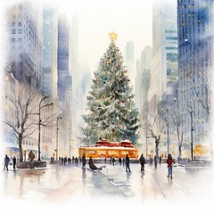 Beautiful famous christmas tree city scene watercolor image Ai generated art