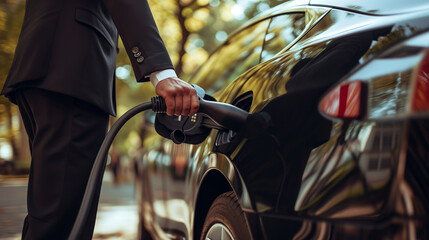 Man at a city EV station, connecting his car to the charger