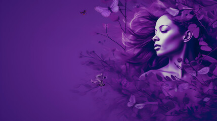 Full purple banner, card or background, illustration of female with plants and butterflies, blank space for text