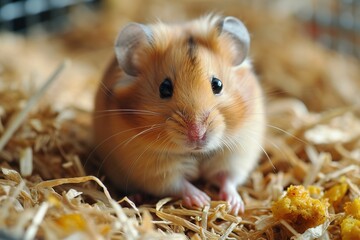 closeup of adorable small fluffy pet hamster in straw, domestic animal rodent blurred background