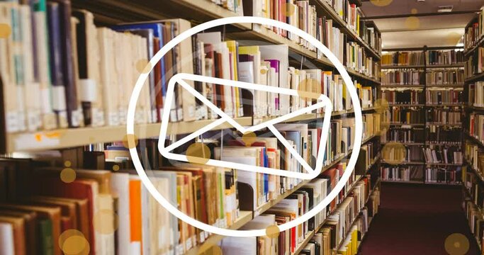 Animation of spots and envelope icon over books on shelves in library