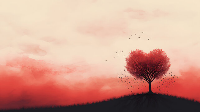 Valentines day background, card or banner with red heart shaped tree over red to white faded background, representing love