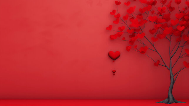 Valentines day background, card or banner with red heart shaped tree over red background, representing love