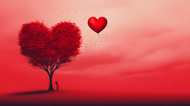 Valentines day background, card or banner with red heart shaped tree over red to white faded background, representing love
