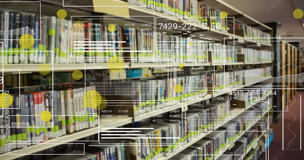 Poster animation of spots and data processing over books on shelves in library