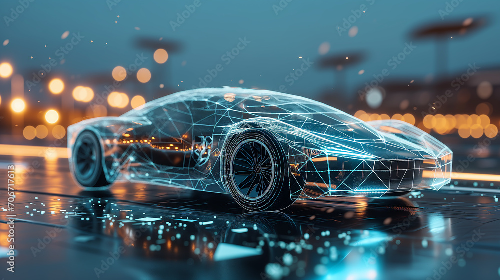 Poster futuristic holographic machine architecture in high-tech development lab