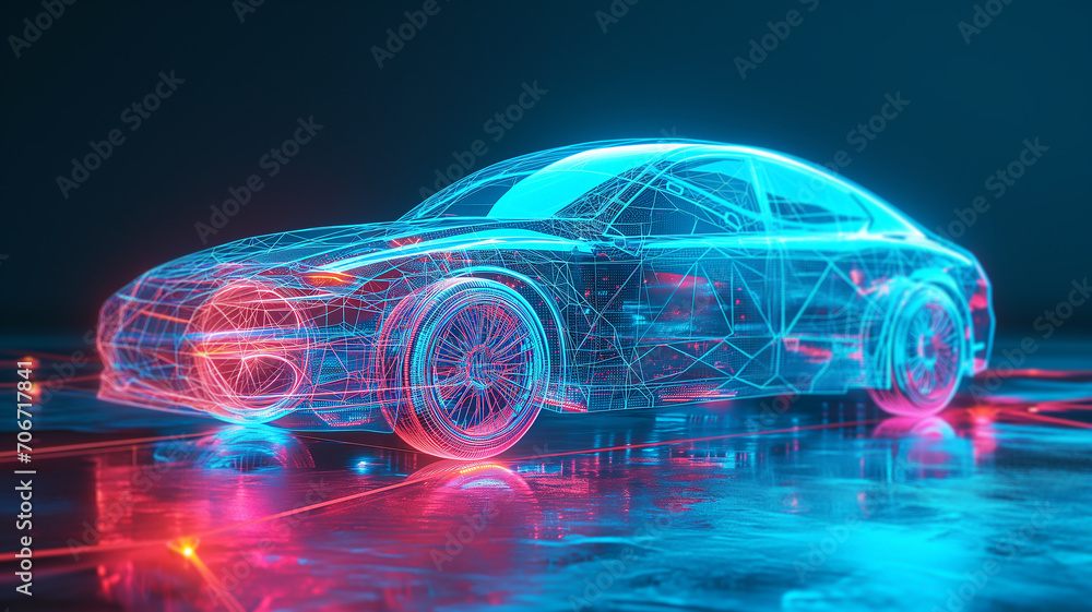 Poster holographic projections of machine designs in a futuristic tech lab