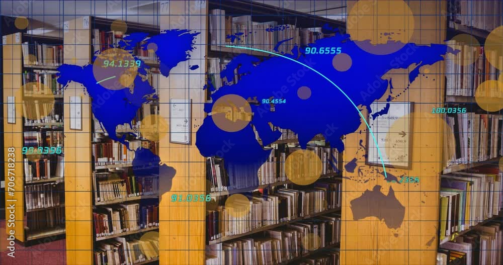 Poster animation of spots and data processing with world map over books on shelves in library