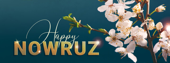 Happy Nowruz festive banner with Apricot Tree branch with pink flowers. Persian New Year Holiday...
