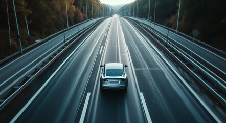 Fototapeta na wymiar Electric car zooms at high speed on a bustling highway