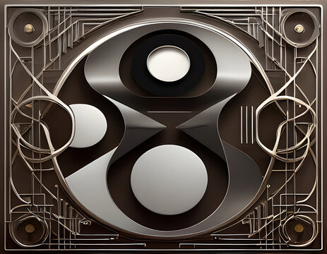 carátula del álbum musical en 3d full hd abstracto con logo y figuras de acero, dualismo de formas de plata como arte decorativo y símbolo de numero 8  en el medio