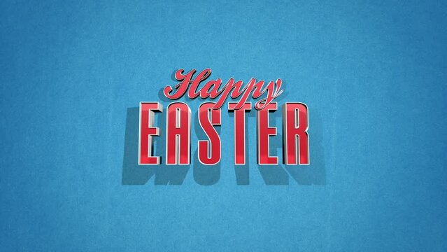 A vibrant image with a blue backdrop showcasing the words Happy Easter in floating red and blue cut-out letters